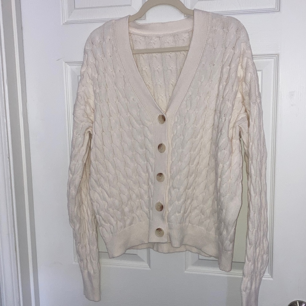 GAP Oversized Slouchy Cable-Knit Cardigan Sweater Cream Varsity 100% cotton S - Picture 2 of 9